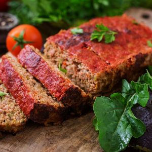 Homemade ground meatloaf with vegetables.
