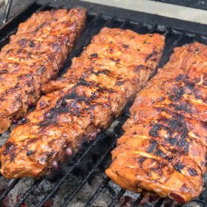 Close up barbecue ribs on the grill.