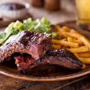 Barbecued Ribs with Fries and Salad